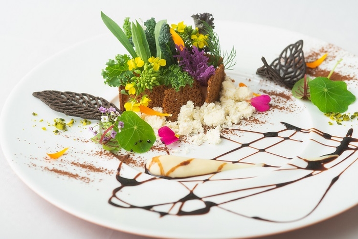 フォアグラムースのバーニャフレイダ 「ワトム農園」のお野菜たち ポルトとバルサミコのレディクション ニンニクとホワイトチョコのピュレ パンデピスのチュイル