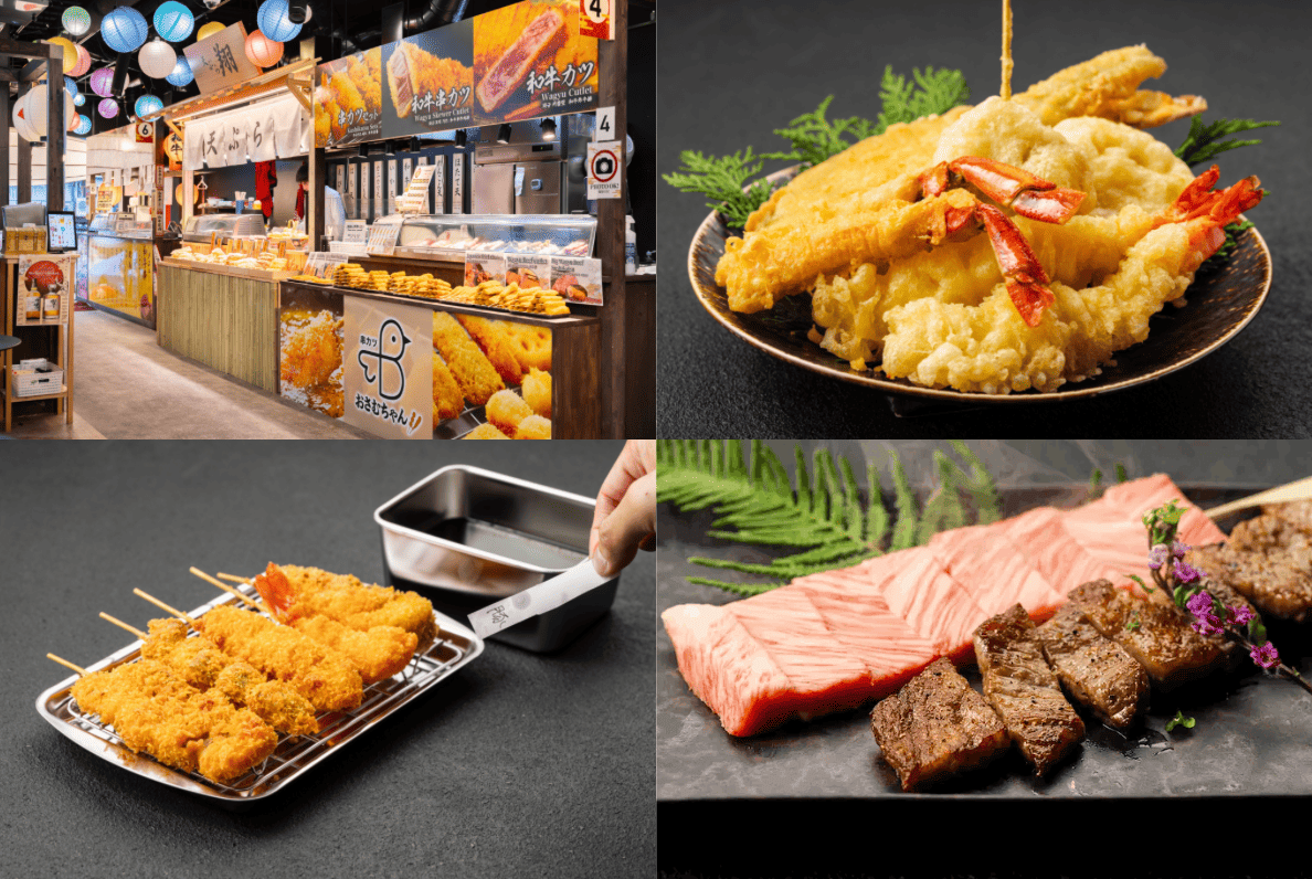 それぞれの店舗毎にデザインされた屋台 「おさむちゃん」の串カツ、「天ぷら翔」の天ぷら、「くれおーる」の和牛串