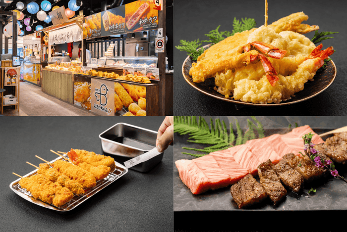 それぞれの店舗毎にデザインされた屋台 「おさむちゃん」の串カツ、「天ぷら翔」の天ぷら、「くれおーる」の和牛串