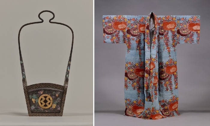 左:黒漆葡萄栗鼠螺鈿箙 沖縄本島 第二尚氏時代・18世紀末~19世紀 東京国立博物館蔵、右:浅葱地窓絵枝垂桜文紅型衣裳 第二尚氏時代・19世紀 九州国立博物館蔵(沖縄県立博物館・美術館で展示予定)