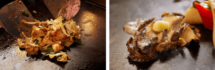 ホルモンスタミナ炒め(935円税込)/鮑ステーキ 肝バターソース(1,980円税込)