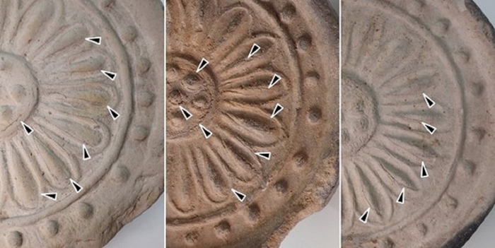 軒丸瓦の瓦当面に残る皴状の痕跡(縮尺不同)※筆者撮影
