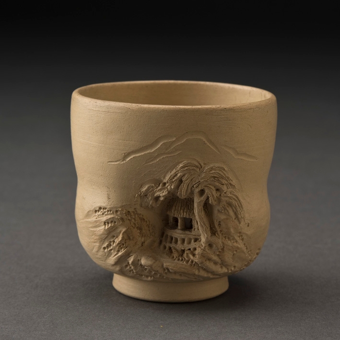 (1) 白泥彫刻藁屋文湯呑茶碗 秋田県/秋田焼 初代または二代奥田道遊