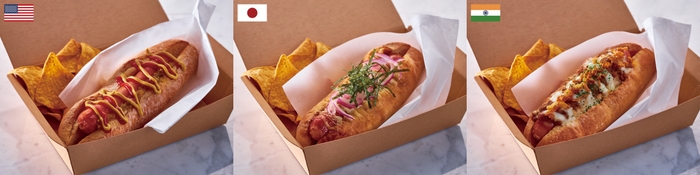 左から、ホットドッグ 500 円(税込 550 円)テリマヨドッグ 600 円(税込 660 円)カレーチーズドッグ 600 円(税込 660 円)