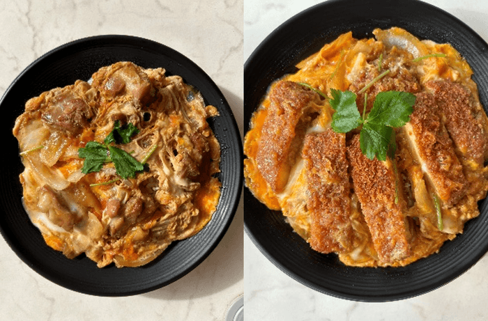 (左)天てり卵の親子丼／(右)天てり卵のかつ丼