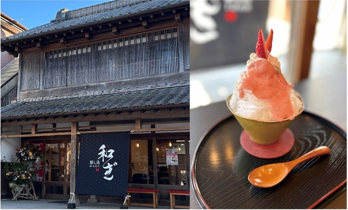 (写真左から)江戸情緒を感じる外観。「発酵かき氷(いちご甘糀)」は日祝で1日10個限定で販売。