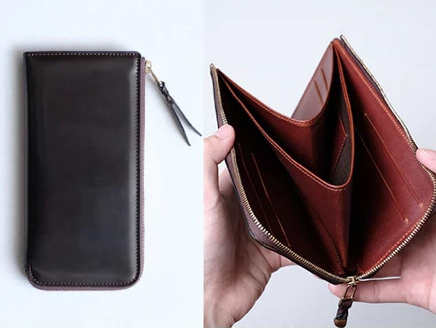 バーガンディー 外側:アメリカ産シェルコードバン・バーガンディー 内側:イタリア産植物タンニン鞣し牛革(マレンマ)・ブラウン