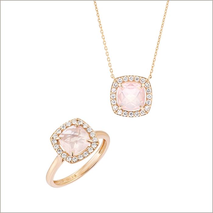 K18PG ローズクオーツ ダイヤモンド ネックレス、リング