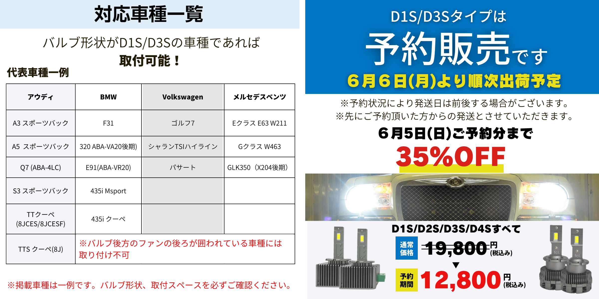 バルブ形状がD1S、D3Sの車種であれば取付可能!予約特典で35%オフは6月5日まで!