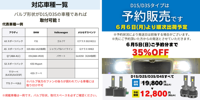 バルブ形状がD1S、D3Sの車種であれば取付可能!予約特典で35%オフは6月5日まで!