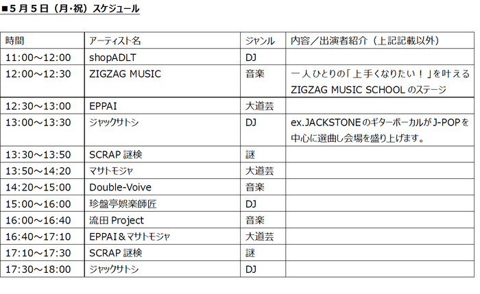 5月5日(月・祝)スケジュール