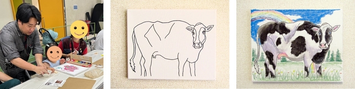 左から:佐藤周作氏、キャンバス下絵イメージ、色を載せた作品イメージ