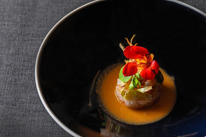 ▲前菜: 軽く霜降りした赤海老の甘味、カステルフランコの苦み、ズッキーニとタスマニアマスタードのマリネやピンクグレープフルーツの酸味、甲殻類とココナッツミルクのビスクの旨味、塩味を効かせた海老足のフリットの五味で味わうシェフのスペシャリテ。