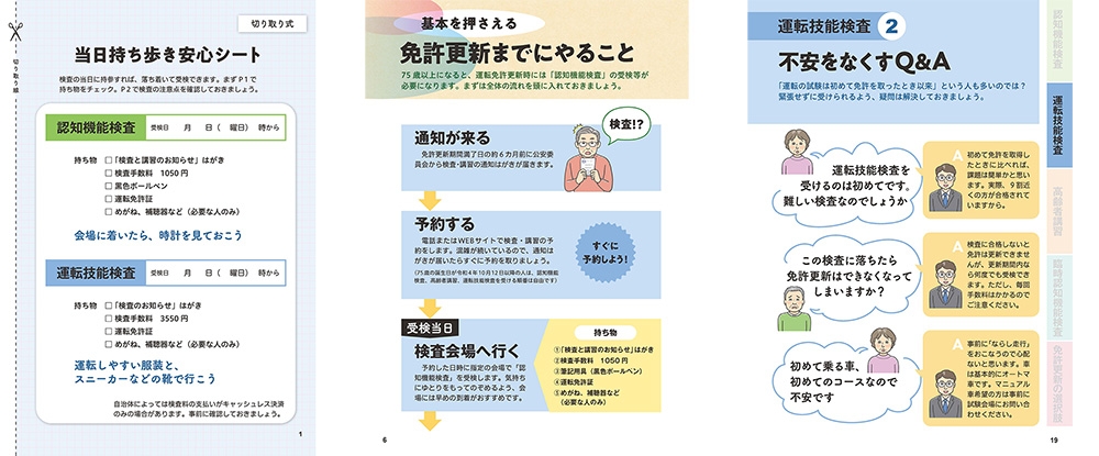 左から、当日持ち歩き安心シート(表面)、基本を押さえる 免許更新までにやること(抜粋)、 運転技能検査 ②不安をなくすQ&A(抜粋)