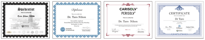 「スウェデンティスト認定証」「イエテボリ大学 日本スクーリングディプロマ」「カリエスプロ・ペリオプロ・ソルブプロ認定証」「キャップシステム修了証」