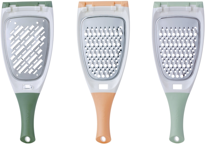 左から:大根スリスリライト *トレイ付/サラダおろしライト(ペールオレンジ)*トレイは付属しません/サラダおろしライト(ペールグリーン)*トレイは付属しません