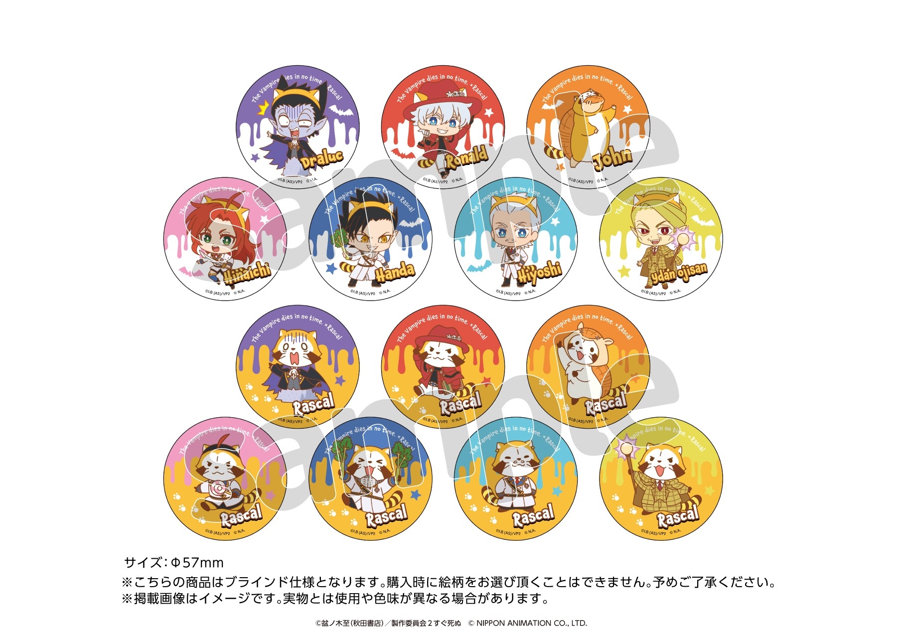 ブラインド缶バッジ ラスカルコラボver. (全14種) サイズ:φ57mm 販売価格:¥500(税込)