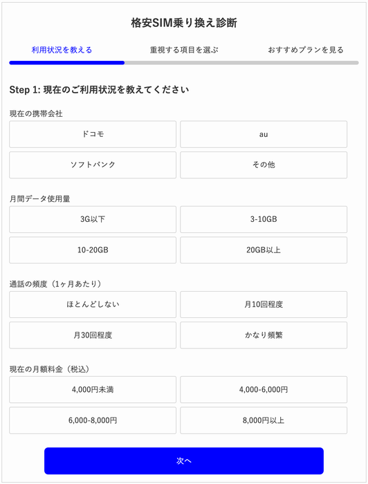 格安SIM乗り換え診断ツールのトップ画面