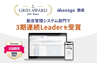 クラウド勤怠システム「manage 勤怠」が ITreview Grid Award 2025 Winterにて 3期連続「Leader」を受賞