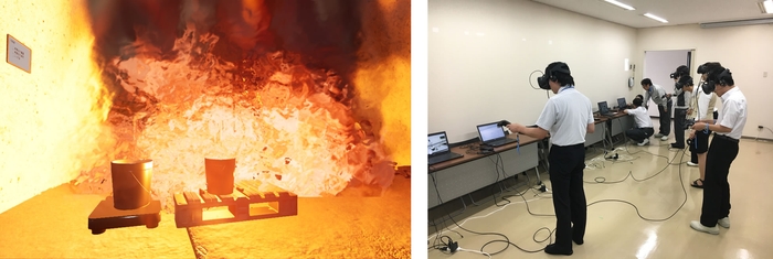 危険作業における火災・爆発事故のCG映像(左)、VR教材での学習の様子(右)