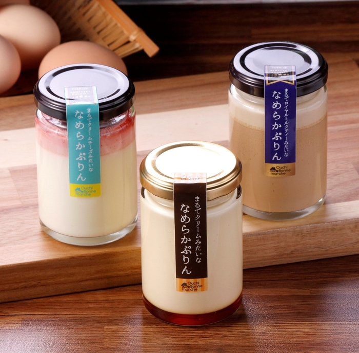 おうちdeボンマルシェ 三日たまごdeつくったなめらかプリン 中央:プレーン/右:ミルクティー/左:マスカルポーネチーズ