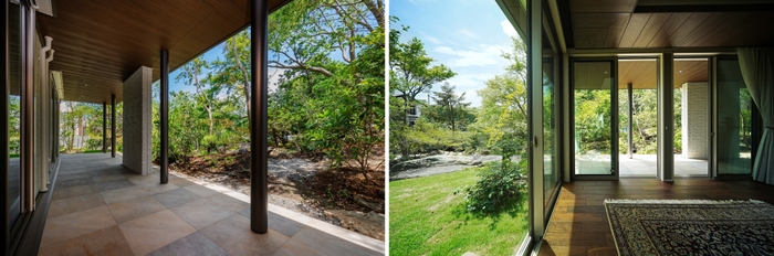 バルコニーから庭を臨む(左)            家の中から庭を臨む(右)