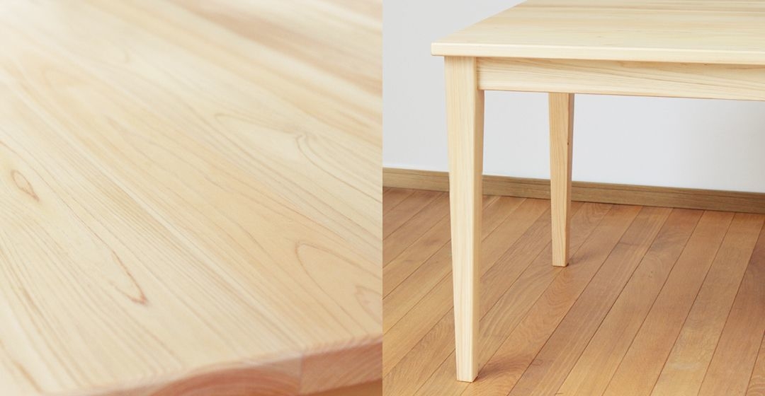 節のない天板(写真左) 脚部のデザインは角型テーパー(右)