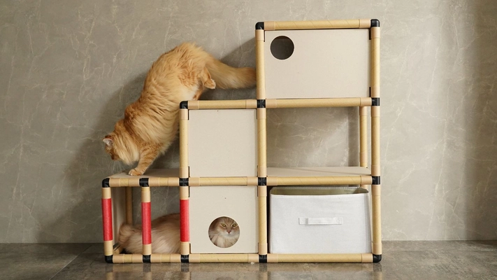 紙管で出来た環境配慮型キャットステップ。猫にも人にも優しい「にゃんグルジム」新登場！