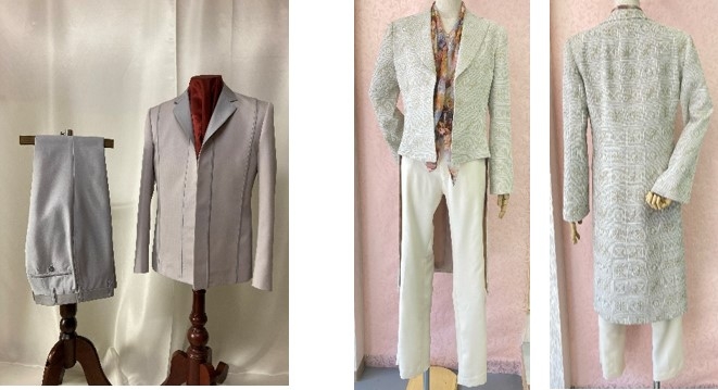 「メンズ和服スーツ」:仙波ゼミ4年 川口太一(左)、「レディース和服スーツ」:仙波ゼミ4年 柴田明依(右)