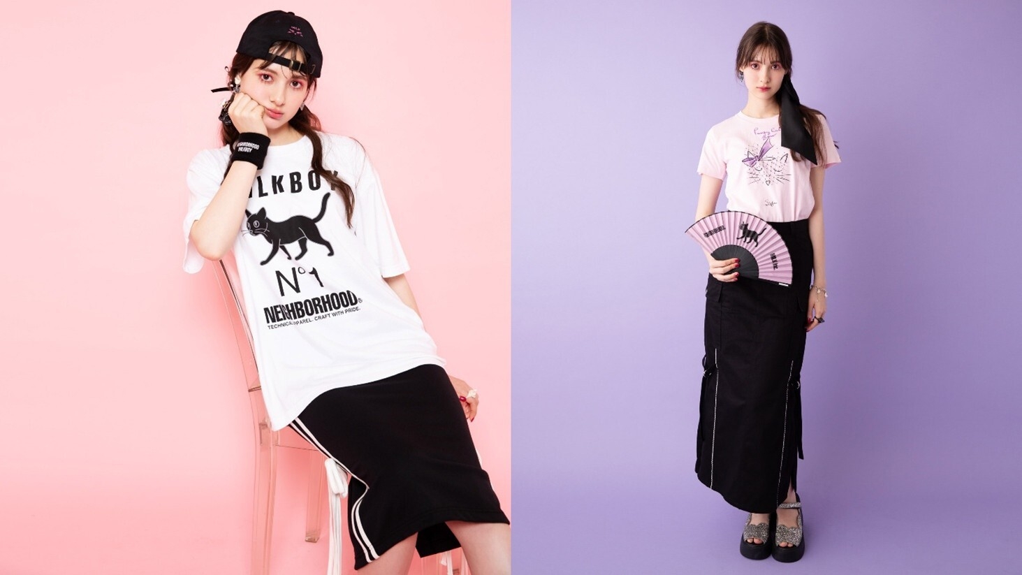 左)NEIGHBORHOOD Tシャツ 9,900円 NH リストバンド 2,970円 キャップ 9,900円 右)Stephen Jones Tシャツ 12,100円 NH FAN 4,400円 (全て税込み)