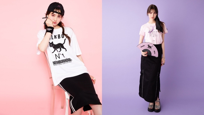 左)NEIGHBORHOOD Tシャツ 9,900円 NH リストバンド 2,970円 キャップ 9,900円 右)Stephen Jones Tシャツ 12,100円 NH FAN 4,400円 (全て税込み)