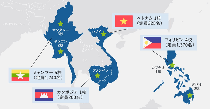 東南アジア4カ国11拠点で人材教育事業を展開するONODERA USER RUN(2020年7月末時点)