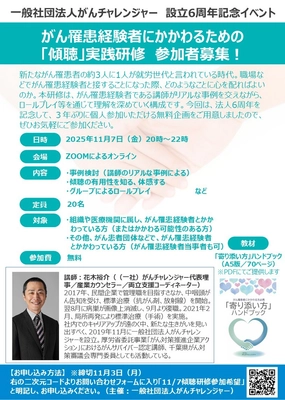 11/7（金）開催決定　設立6周年記念イベント『がん罹患経験者にかかわるための「傾聴」実践研修』