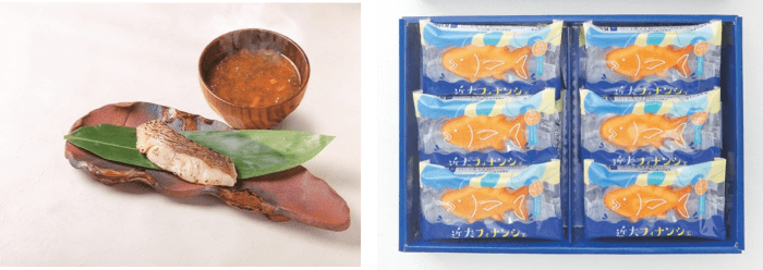近大生まれマダイ焼味と近大マグロ中骨エキス入りあおさのみそ汁セット(左)、近大フィナンシェ12個入(右)