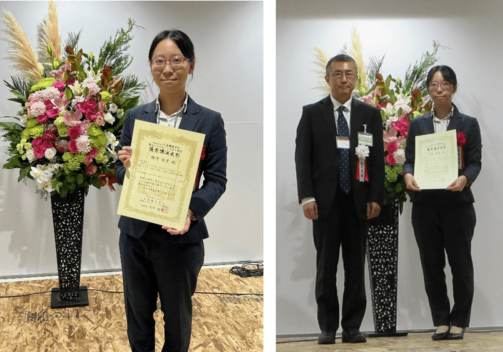 左写真:	当社社員 椎野朱里、右写真:(左)動力エネルギーシステム部門 大川富雄部門長、(右)椎野