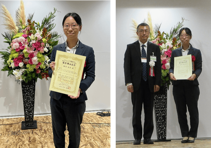 左写真: 当社社員 椎野朱里、右写真:(左)動力エネルギーシステム部門 大川富雄部門長、(右)椎野