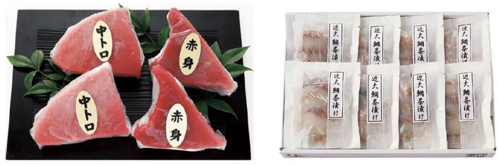 黒門市場<新魚栄>近大マグロセット(左)、黒門市場<新魚栄>近大鯛茶漬けセット(右)