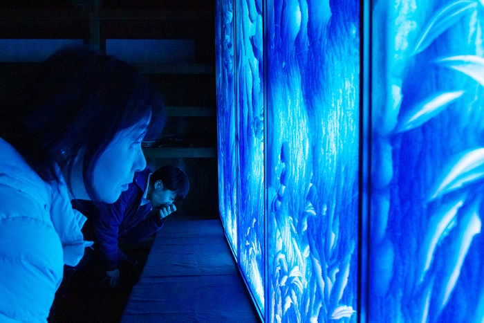 作品を間近で見入る観覧者