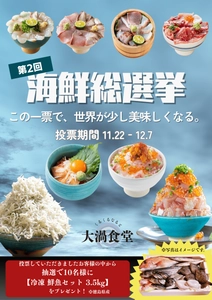 この一票で、世界が少し美味しくなる。 ＜徳島・鳴門＞道の駅くるくる なると 「第2回海鮮総選挙」が11/22開幕！　 個性豊かな海鮮丼8品から 「海鮮王者」が決まる16日間の熱い闘い。