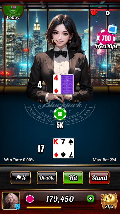 Blackjack 21 - Dealer Queens ゲーム画面2