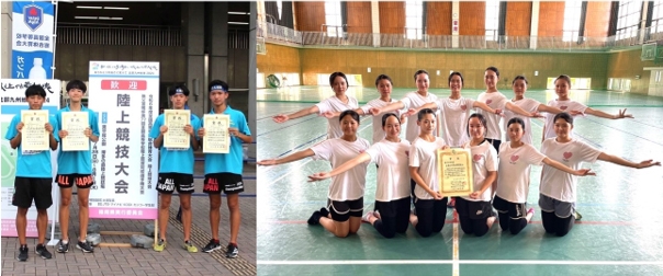 「第77回全国高等学校陸上競技対校選手権大会」男子1600mリレーで8位に入賞した陸上競技部(左) 「第48回全国高等学校総合文化祭」で講評者特別賞を受賞したバトン部(右)