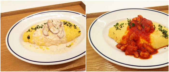 左から) きのこのクリームソース/きのこトマトソース