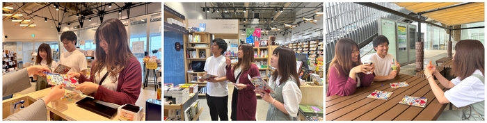 左2枚:謎解きゲーム中の参加者イメージ/右:ゲーム中やクリア後にはカフェスペースで食事や休憩も