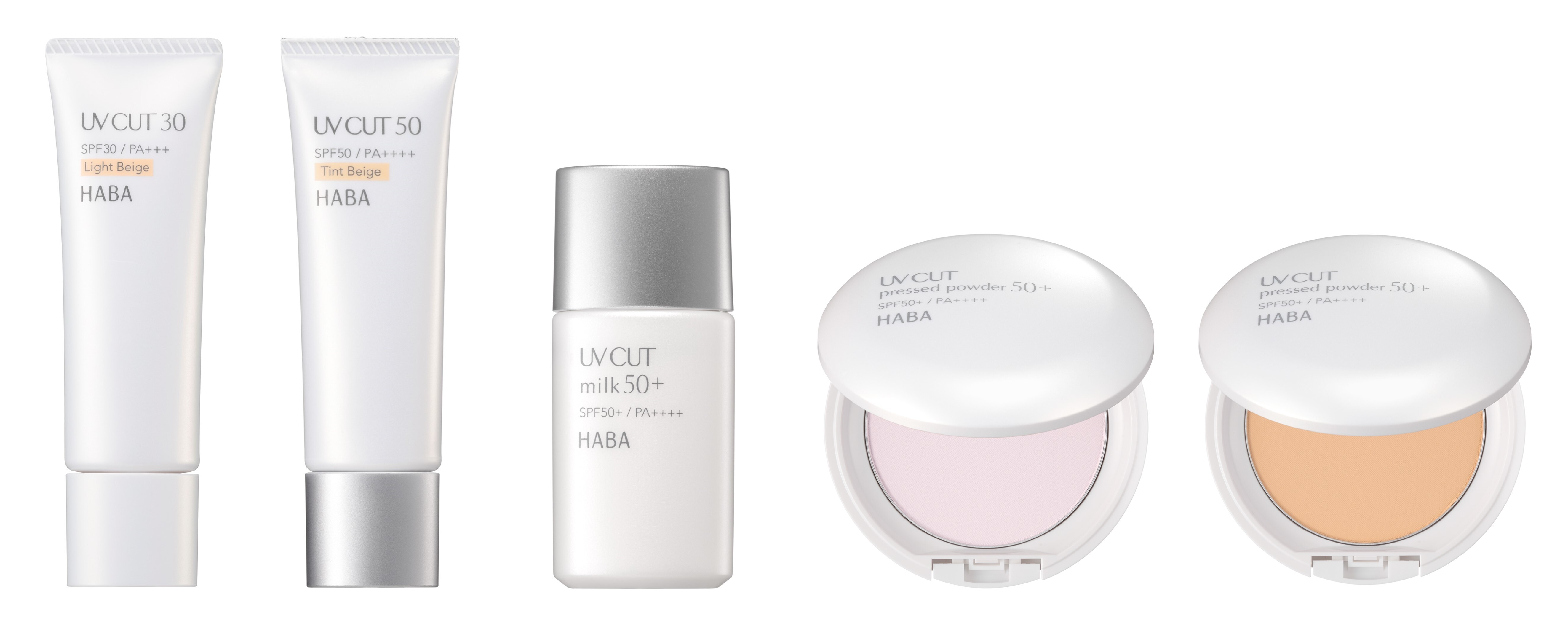 『UVカット30<ライトベージュ>』『UVカット50<ティントベージュ>』 『UVカットミルク50+』『UVカットプレストパウダー50+』