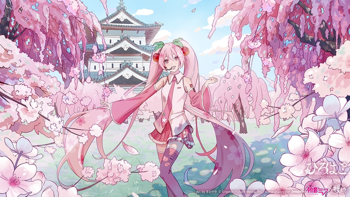 弘前ビジュアル『弘前城天守と本丸の八重紅枝垂』 Art by タミウラ (C)CFM
