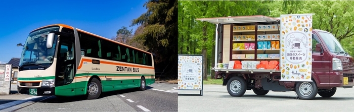 昨年12月の実証実験に使用したバス車両(左)と移動販売車両(右)
