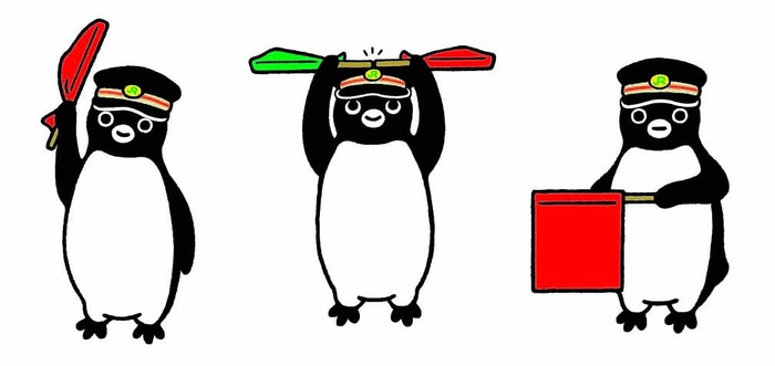 今回のためにさかざきさんが描き下ろした〈駅員さんポーズ〉より、左から、乗降終了、連結、停止信号。 旗を上げるときの布の絞り具合や、棒を握る持ち手の向き、停止信号を出すときの表情にもこだわりが!