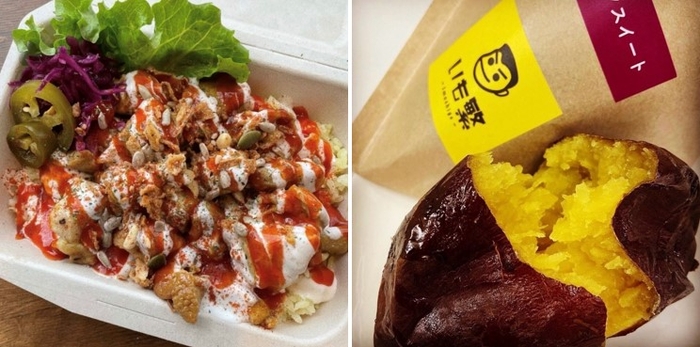 フードトラックで提供予定のチキンオーバーライス(左)と焼き芋(右)