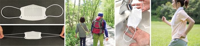 1番左:製品画像およびエラストマー製紐の伸縮イメージ