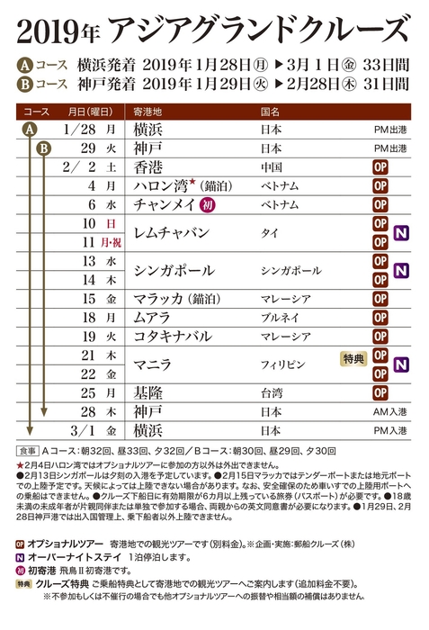 2019年 アジアグランドクルーズ スケジュール
